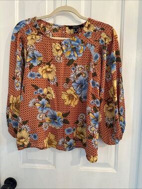 Forever 21 Rust Floral Blouse with Blue and Yellow Flowers